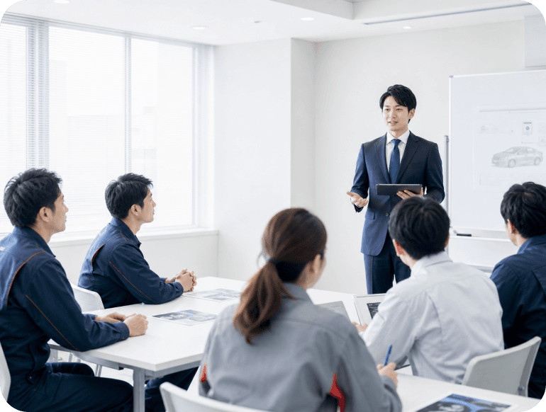 会議室で整備スタッフに向けて説明を行うコンサルタント